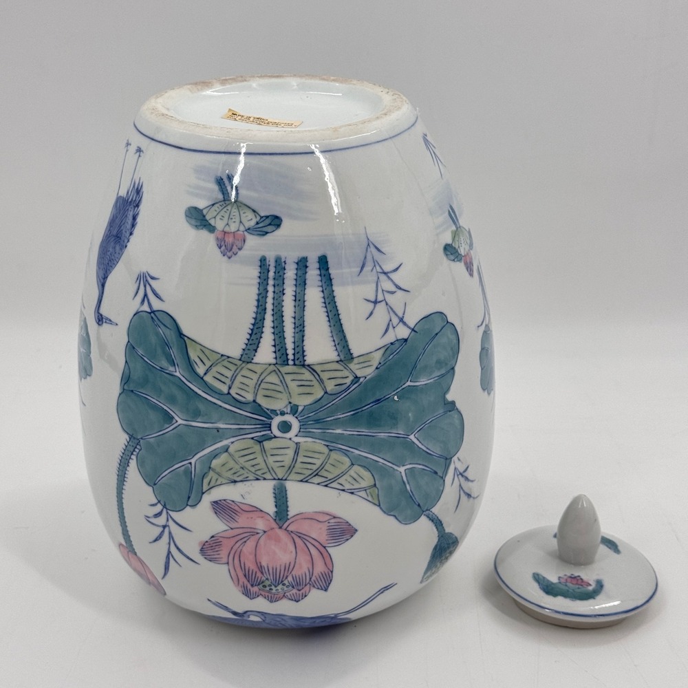 Vintage Chinese Lotus & Crane Ginger Jar Lidded Porcelain Famille Verte Style - Picture 8 of 9